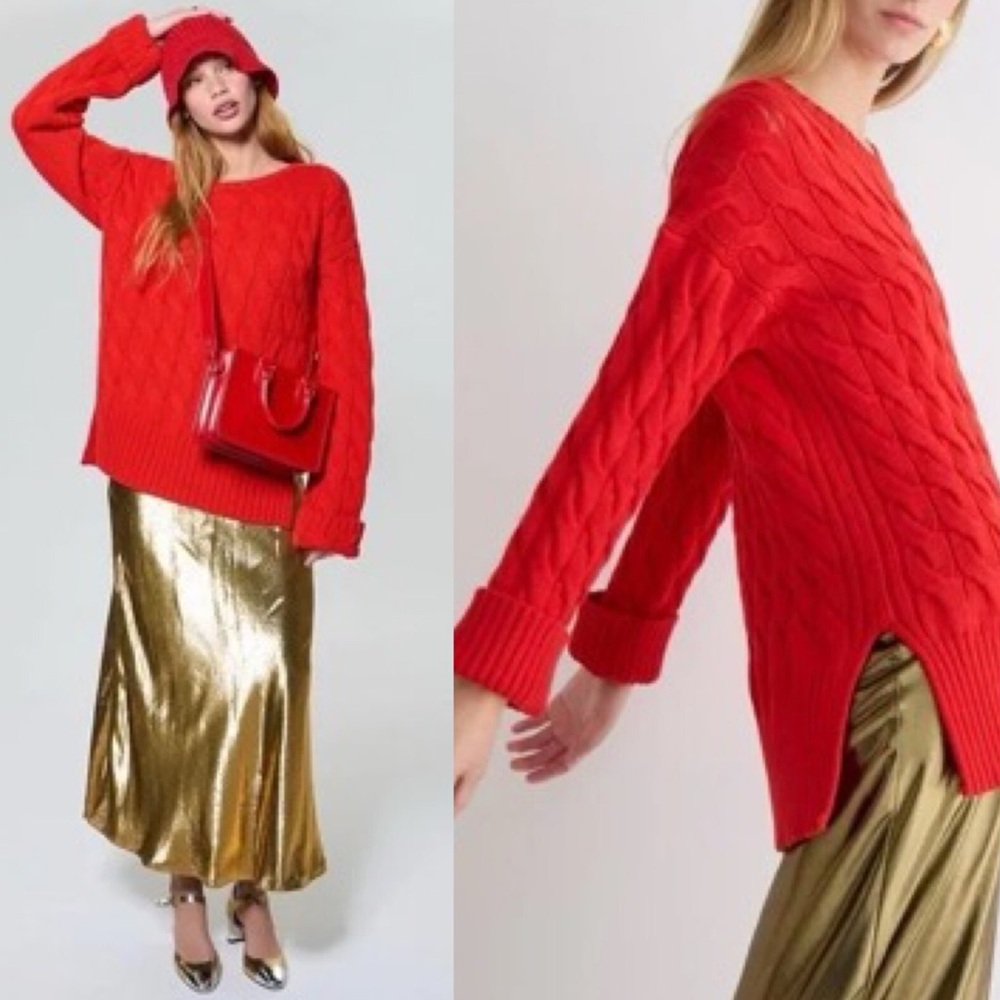 J.CREW Red Cableknit Slit Sweater Pullover Top